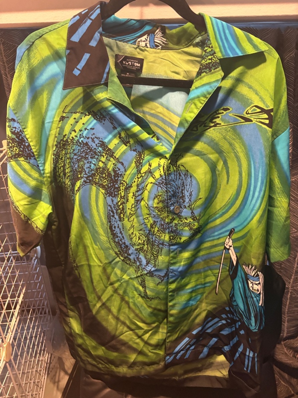 Newbury Kustom Green and Blue Graphic Casual Button-Down Shirt